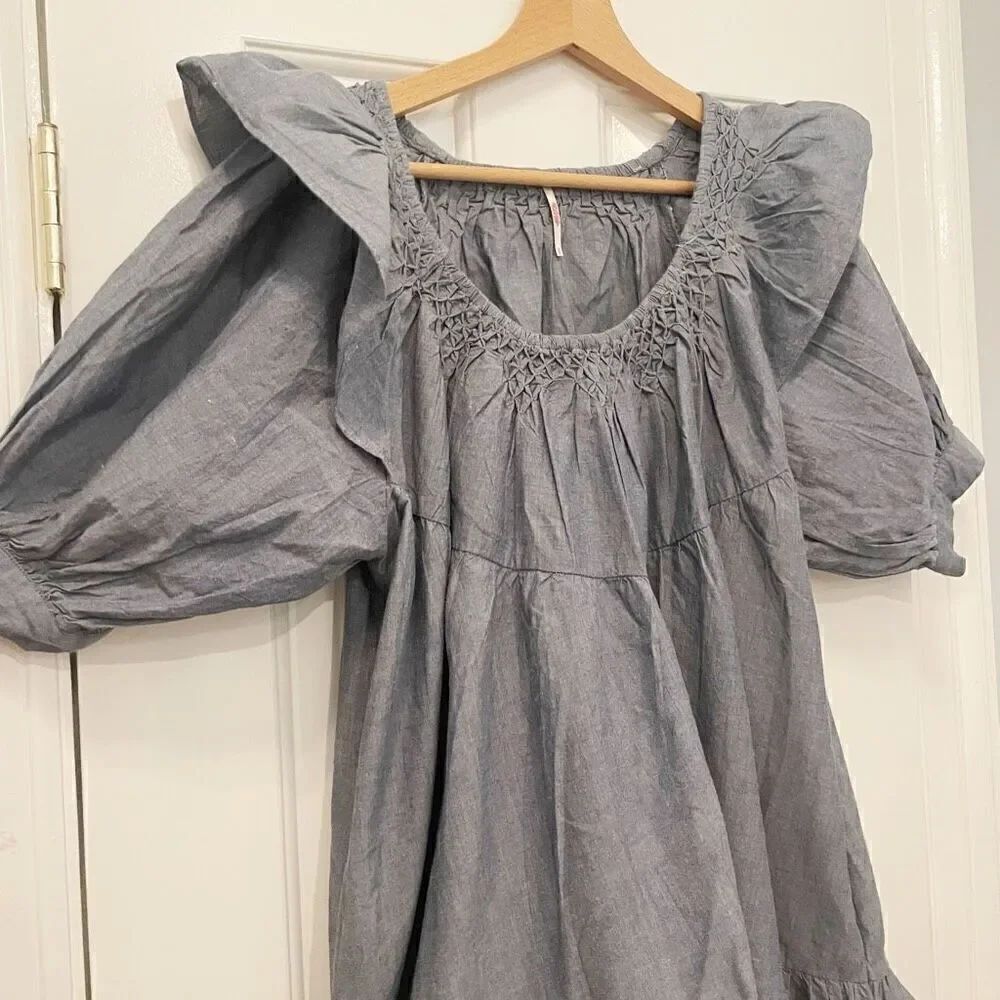 Free People Amelie Mini Denim Chambray Dress Size Small Cowgirl Western Boho - Picture 7 of 8
